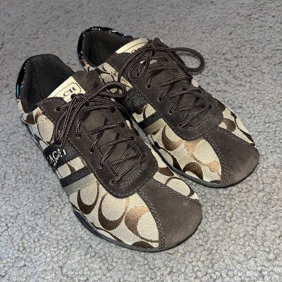 COACH JANE SIGNATURE LOGO BROWN & BEIGE SNEAKERINAS - BALLET FLAT SNEAKERS -5M - Picture 1 of 7